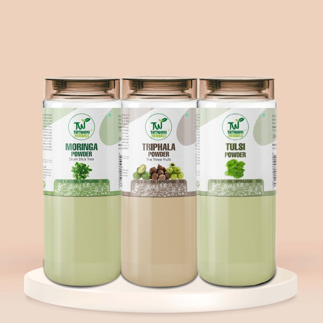 TATWANI HERBALS Triphala Powder + Moringa Powder + Tulsi Powder Combo 300g (100g Each) for Immunity Boost and Respiratory Wellness Men & Women