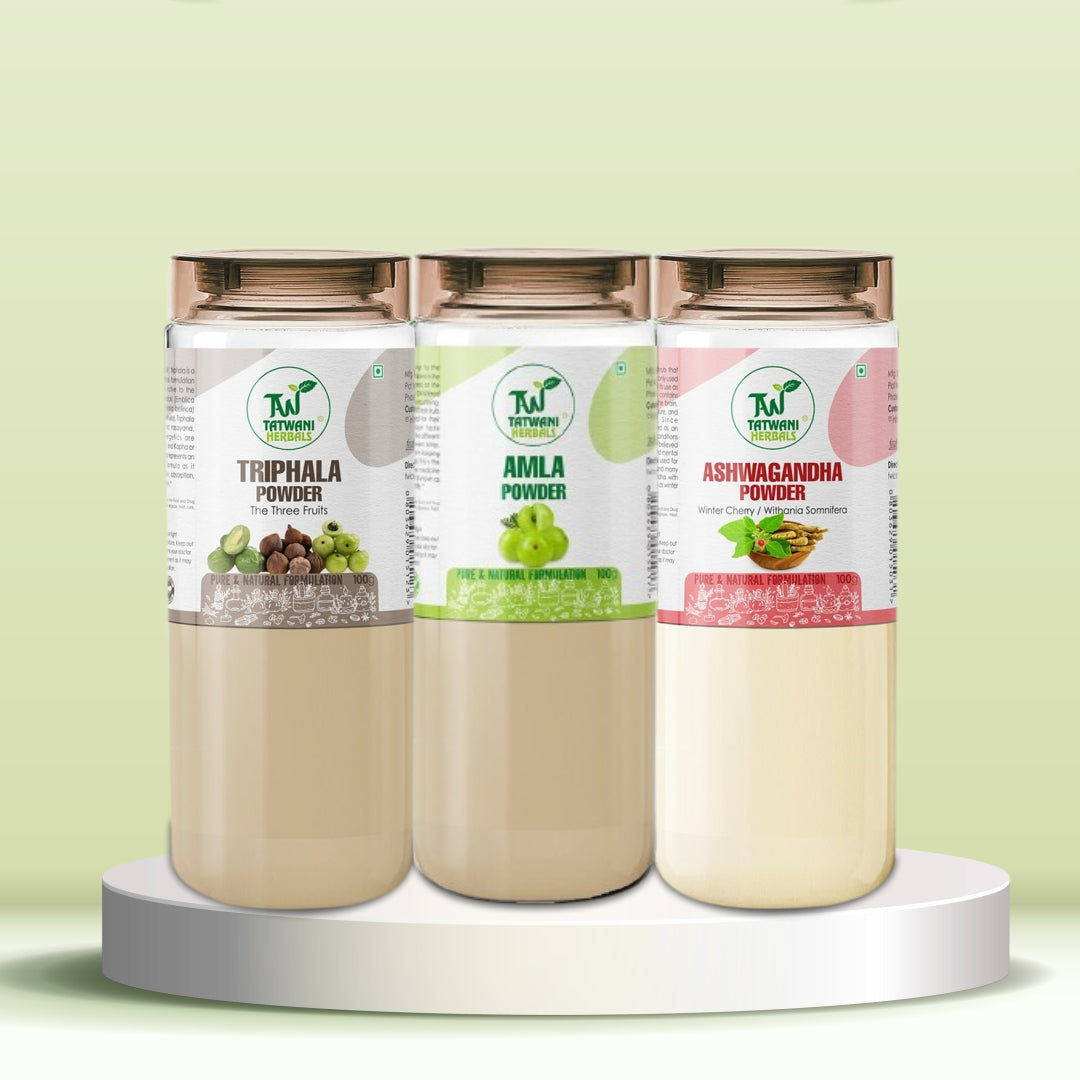 TATWANI HERBALS Triphala Powder + Amla Powder + Ashwagandha Powder 300g (100g Each) for Stress Relief, Anxiety Support, Immune System Booster